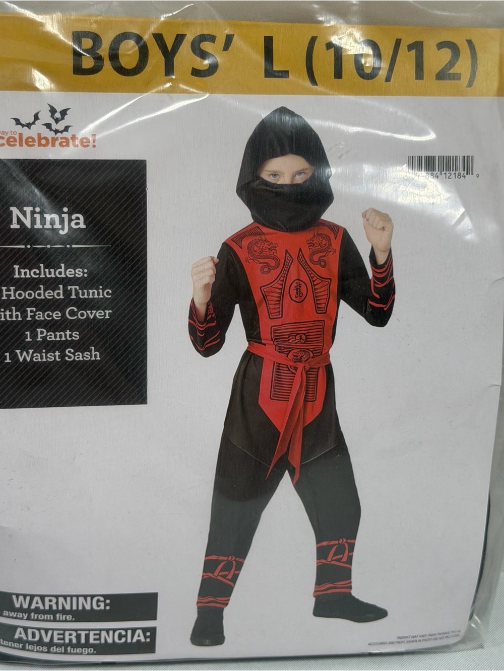 Ninja Costume Boys Large 10/12 Halloween Dress Up Play Cosplay Red Black